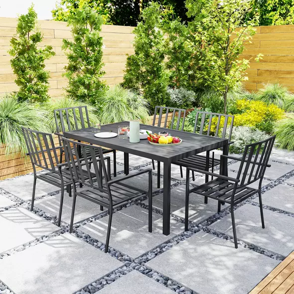 Outsunny Seven-Piece Minimal Metal Garden Dining Set, with Parasol Hole - Black - 8