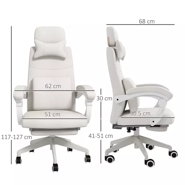 Vinsetto Linen-Look Office Chair, with 160° Reclining Back and Footrest - White - 3