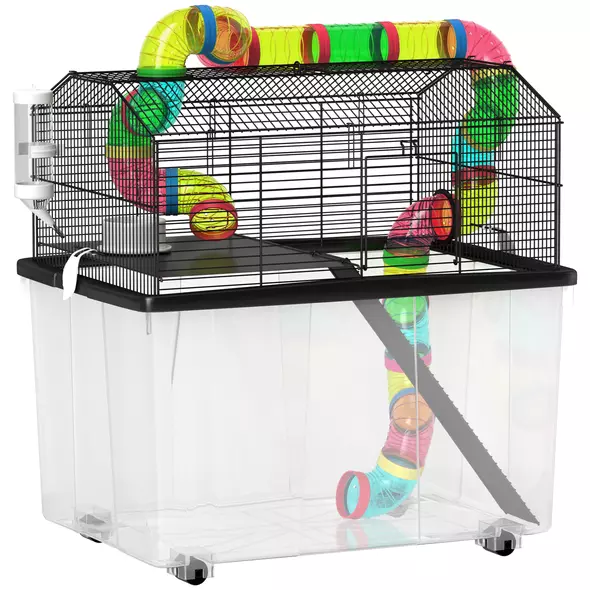 PawHut Two-Tier Hamster Cage with 31cm Deep Tray, Tube System, Water Bottle, Ramp, Feeding Bowl, Multicoloured - 1
