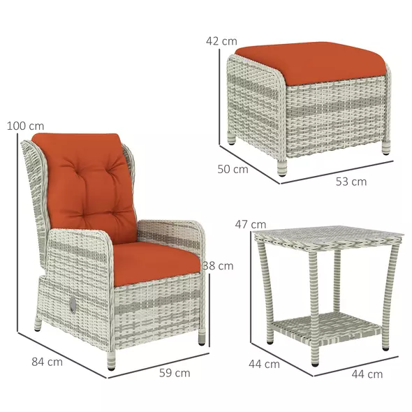 Outsunny 5 Pieces Rattan Bistro Set with Adjustable Back, Reclining Wicker Balcony Furniture with Cushions, Glass Top Coffee Table and Footstools, Outdoor Table and Chairs, Orange - 3