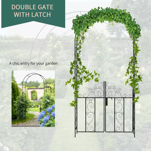 Outsunny Outdoor Garden Arch with Double Gates, Metal Garden Arbor for Climbing Plants, Roses, Vines, Wedding Arch for Outdoor, 125L x 38W x 227H cm, Black - 5