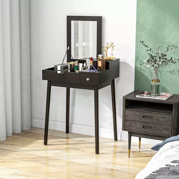 HOMCOM Dressing Table with Flip-up Mirror, Makeup Desk with 2 Drawers and Pine Wood Legs, Vanity Table Writing Desk for Bedroom Living Room, Black - 7