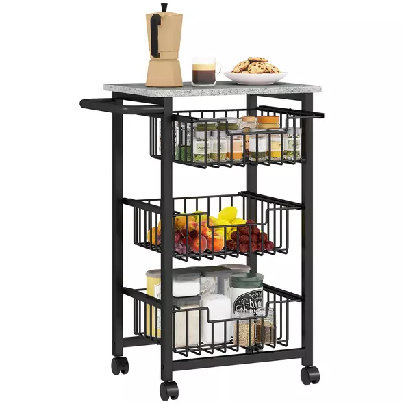 HOMCOM Three Basket Mobile Kitchen Island, with Brakes - Grey/Black - 1