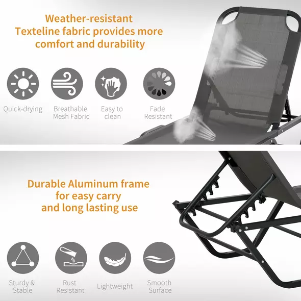 Outsunny Sun Lounger Relaxed Recliner with 5-Position Adjustable Backrest Aluminium Frame for Pool, Sun Bathing, Grey - 4