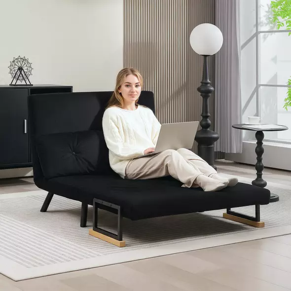 HOMCOM 4-in-1 Velvet-Feel Double Sofa Bed, with Pillows - Black - 7