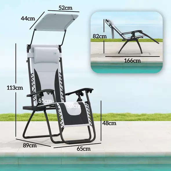 Outsunny Zero Gravity Lounger Chair Set of 2, Folding Reclining Patio Chair with Shade Cover, Padded Seat, Cup Holder, Soft Cushion and Headrest for Poolside, Camping, Light Grey - 3