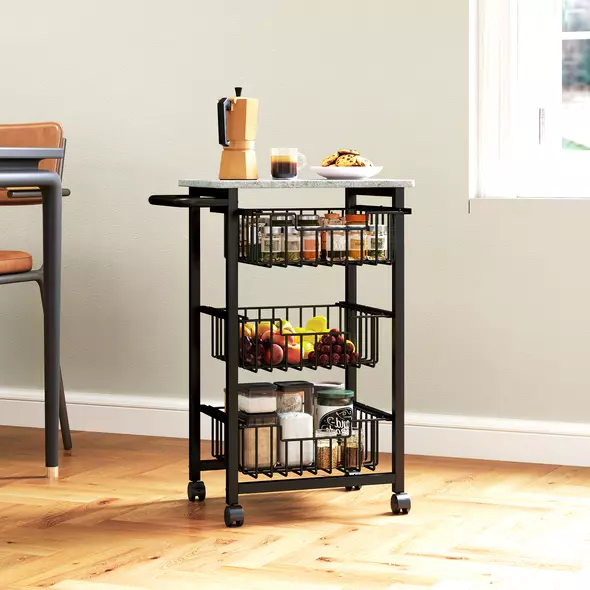 HOMCOM Three Basket Mobile Kitchen Island, with Brakes - Grey/Black - 7