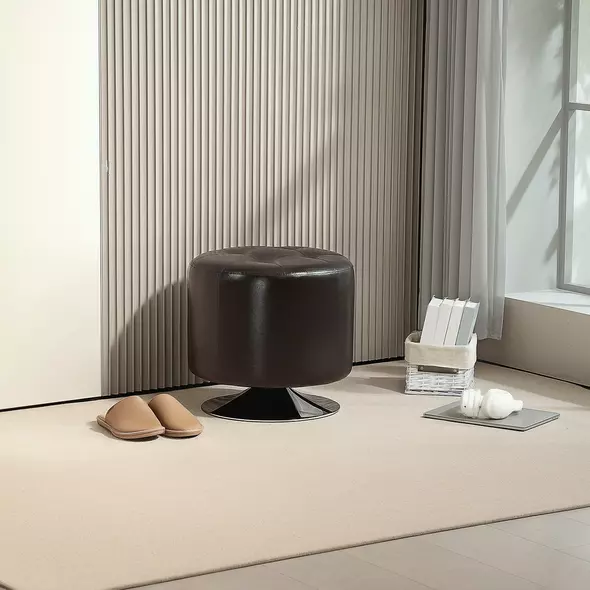 HOMCOM 360° Swivel Foot Stool Round PU Footstool with Thick Sponge Padding and Solid Steel Base, Brown - 2