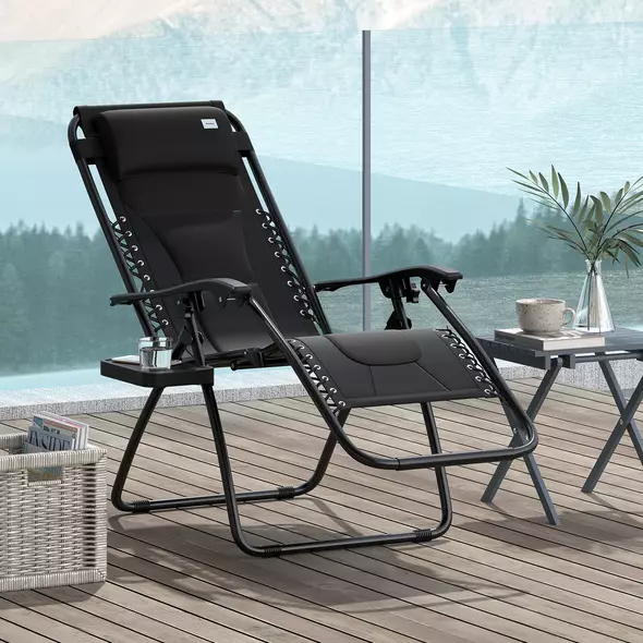 Outsunny Zero Gravity Lounger Chair, Folding Reclining Patio Chair with Padded Seat, Cup Holder, Soft Cushion and Headrest for Poolside, Camping, Black - 2