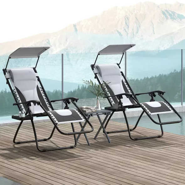 Outsunny Zero Gravity Lounger Chair Set of 2, Folding Reclining Patio Chair with Shade Cover, Padded Seat, Cup Holder, Soft Cushion and Headrest for Poolside, Camping, Light Grey - 2