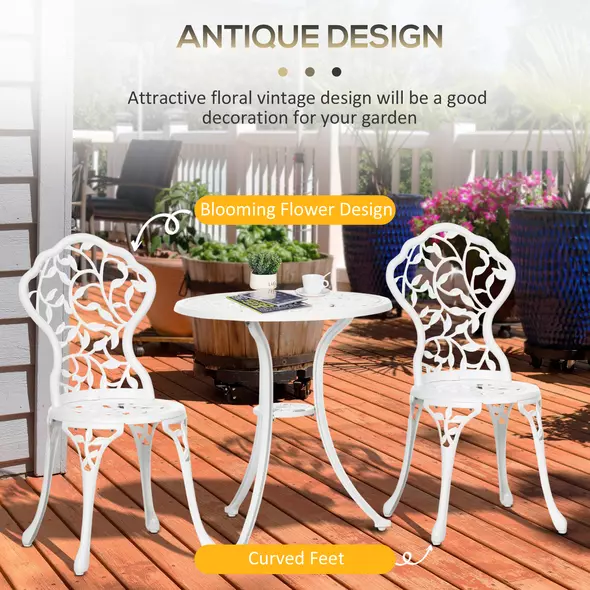 Outsunny 3 Pcs Aluminium Bistro Set Garden Furniture Dining Table Chairs Antique Outdoor Seat Patio Seater White - 4