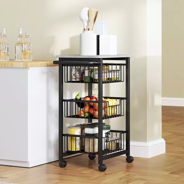 HOMCOM Three Basket Mobile Kitchen Island, with Brakes - Grey/Black - 2