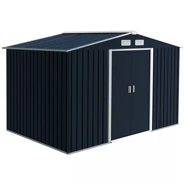 Outsunny 9 x 6ft Metal Bicycle Shed, Outdoor Storage Tool House with Ventilation Slots, Foundation Kit and Lockable Double Doors, Dark Grey - 1