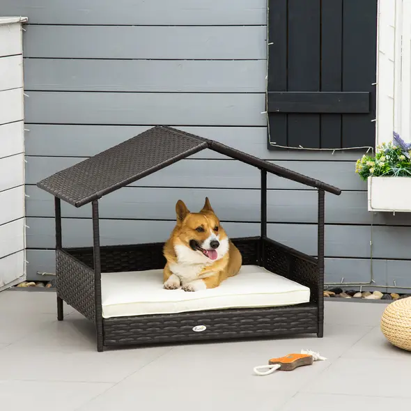 PawHut Wicker Dog House, Rattan Pet Bed, with Removable Cushion, Canopy, for Small and Medium Dogs - Cream - 2