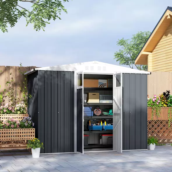 Outsunny 8 x 4 ft Metal Garden Shed, Garden Storage Shed with Window, 4 Vents and Lockable Door, Waterproof Galvanised Steel Tool Storage Cabinet, Dark Grey - 2