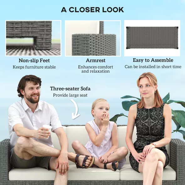 Outsunny 3 Seater Rattan Sofa All-Weather Wicker Weave Metal Frame Chair with Fire Resistant Cushio-Cream - 6