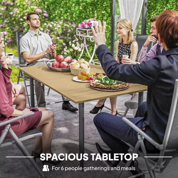 Outsunny Garden Dining Table, 150 x 90 cm Rectangle Outdoor Table with 5 cm Parasol Hole, Slatted Tabletop and Steel Frame for Patio Balcony, (Table Only) Brown - 4