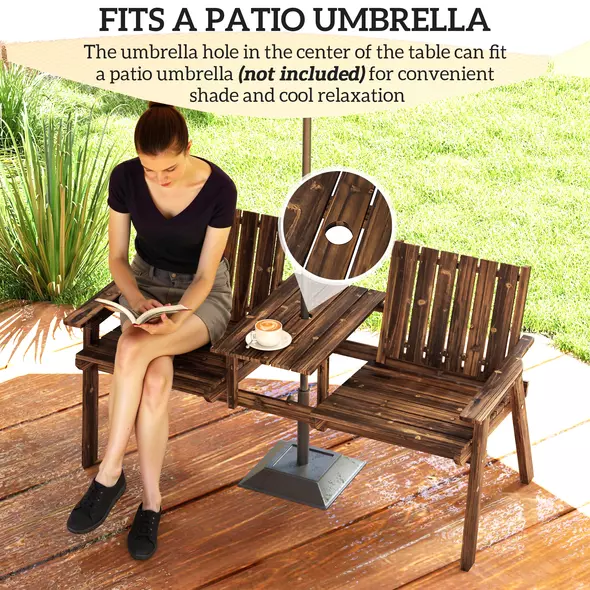 Outsunny 2-Seater Garden Bench with Table & Parasol Hole, Antique Loveseat for Porch, Patio, Carbonised Finish - 5