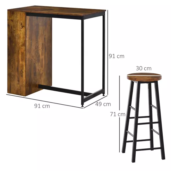 HOMCOM Industrial Bar Table Set for 2, 3 Pieces Pub Table and Bar Stools with Storage Shelf for Kitchen - 3