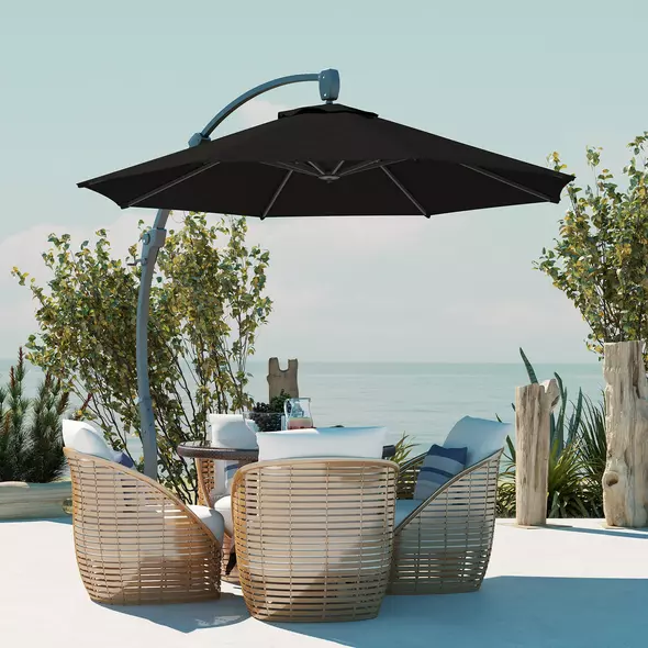 Outsunny 3(m) Garden Cantilever Parasol, Round Overhanging Umbrella with Crank Handle, Cross Base, Aluminium Frame and 360° Rotation, Banana Patio Umbrella for Outdoor Sun Shade, Black - 7