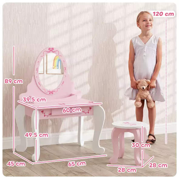 AIYAPLAY Kids Dressing Table Set, Vanity Table with Stool, Mirror, Drawer, Desktop, Storage, Ballet-Theme, Pink - 3