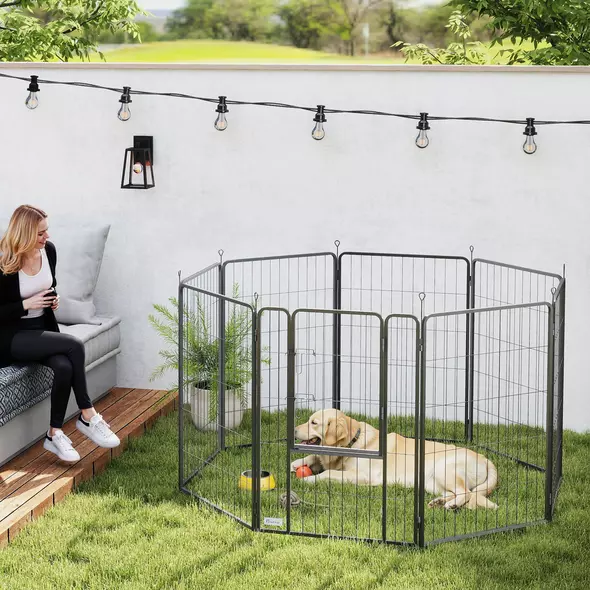 PawHut Eight-Panel Dog Playpen with Door, for Large Dogs, Indoors, Outdoors, 100cm Tall, Black - 2