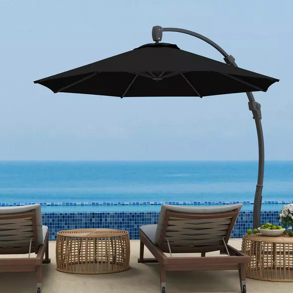Outsunny 3(m) Garden Cantilever Parasol, Round Overhanging Umbrella with Crank Handle, Cross Base, Aluminium Frame and 360° Rotation, Banana Patio Umbrella for Outdoor Sun Shade, Black - 2