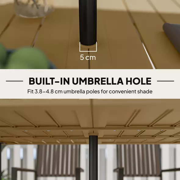 Outsunny Garden Dining Table, 150 x 90 cm Rectangle Outdoor Table with 5 cm Parasol Hole, Slatted Tabletop and Steel Frame for Patio Balcony, (Table Only) Brown - 5