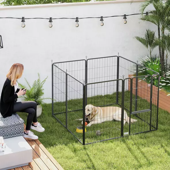 PawHut Eight-Panel Dog Playpen with Door, for Large Dogs, Indoors, Outdoors, 100cm Tall, Black - 8
