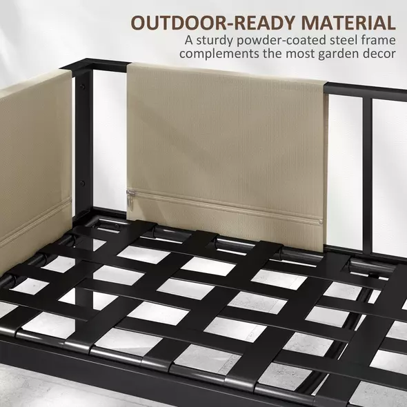 Outsunny 4 Piece Metal Garden Furniture Set with Tempered Glass Coffee Table, Texteline Pocket, Outdoor Set Loveseat Single Armchairs with Padded Cushions, Khaki - 7