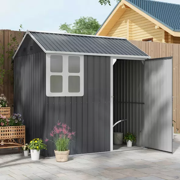 Outsunny 7 x 6ft Galvanised Garden Shed, with Latch - Dark Grey - 2