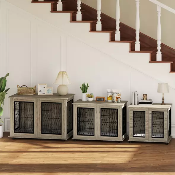 PawHut Indoor Dog Crate Furniture End Table with Soft Washable Cushion, Lockable Front Door, for Large Dogs - Grey - 9