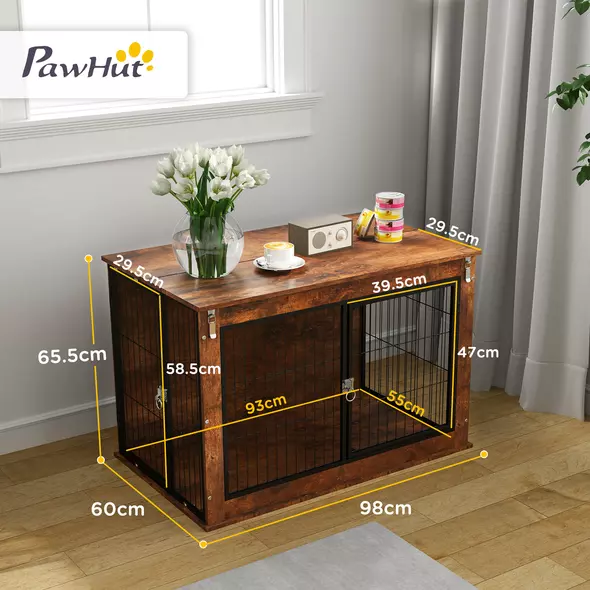 PawHut Dog Crate Furniture with Openable Top, Two Doors, for Large Dogs, Rustic Brown - 3