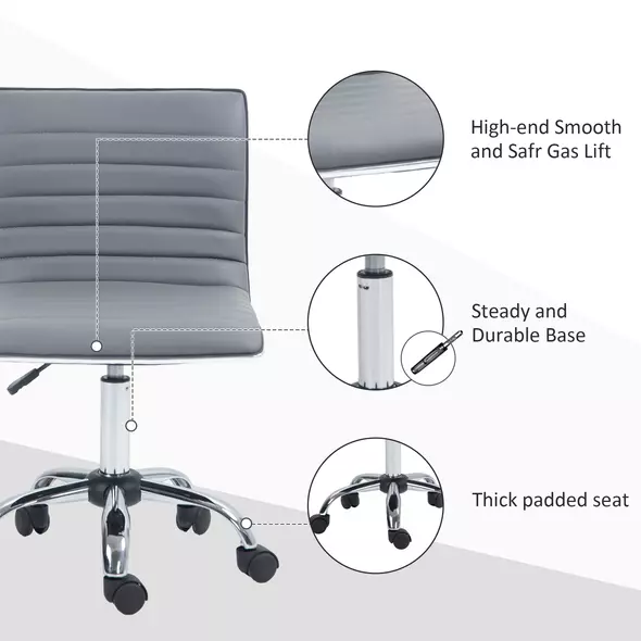 HOMCOM Armless Task Desk Chair, Swivel Office Chair with Faux Leather, Adjustable Seat Height, Chrome Base, Wheels for Home, Light Grey - 7
