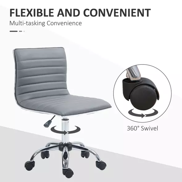 HOMCOM Armless Task Desk Chair, Swivel Office Chair with Faux Leather, Adjustable Seat Height, Chrome Base, Wheels for Home, Light Grey - 6