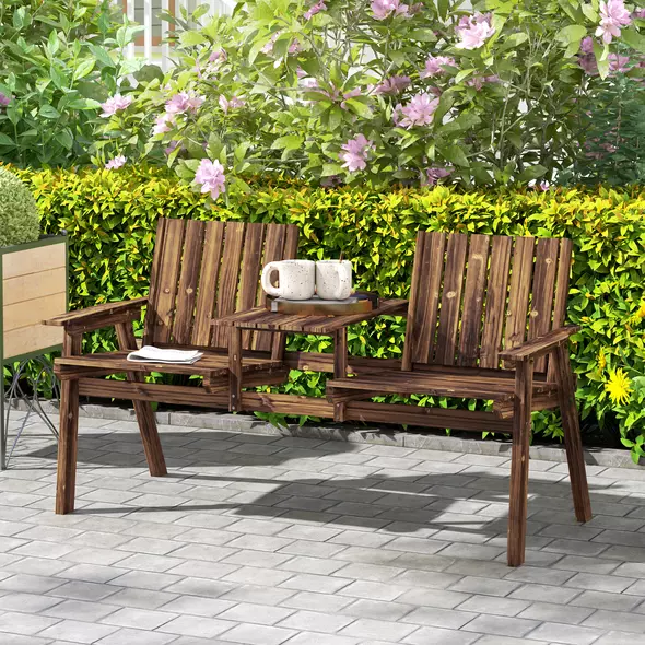Outsunny 2-Seater Garden Bench with Table & Parasol Hole, Antique Loveseat for Porch, Patio, Carbonised Finish - 2