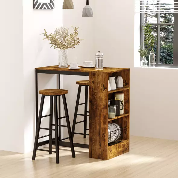HOMCOM Industrial Bar Table Set for 2, 3 Pieces Pub Table and Bar Stools with Storage Shelf for Kitchen - 2