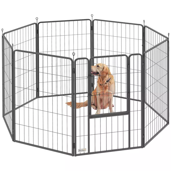 PawHut Eight-Panel Dog Playpen with Door, for Large Dogs, Indoors, Outdoors, 100cm Tall, Black - 1