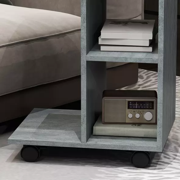 HOMCOM C-Shape End Table Unique Storage Unit w/ 2 Shelves 4 Wheels Freestanding Home Office Furniture Cabinet Square Studio Grey - 9