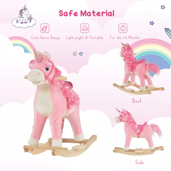 HOMCOM Kids Plush Rocking Horse Ride On Unicorn w/ Sound Moving Mouth Wagging Tail Children Rocker Toy Gift 3-6 Years Pink - 7