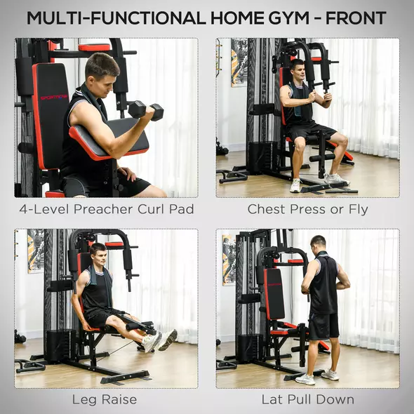 SPORTNOW Multi Gym Workout Station, Weight Machine with 65kg Weight Stack, Sit Up Bench, Push Up Stand, Dip Station - 4