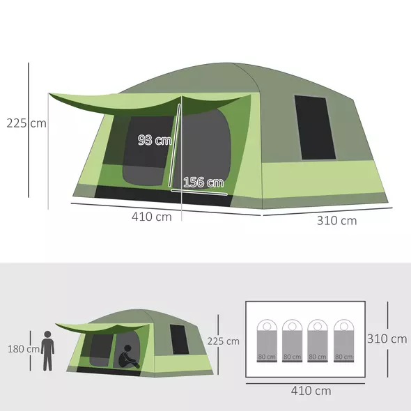 Outsunny Tunnel Tent Camping Shelter w/ Porch, Two Rooms, Lamp Hook, Portable Carry Bag - 3
