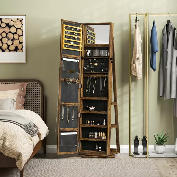 HOMCOM 360° Swivel Jewellery Cabinet, Free Standing Full Length Mirror with Storage, Lockable Jewellery Organiser with Built-in Makeup Mirror and Storage Shelves for Bedroom, Rustic Brown - 2