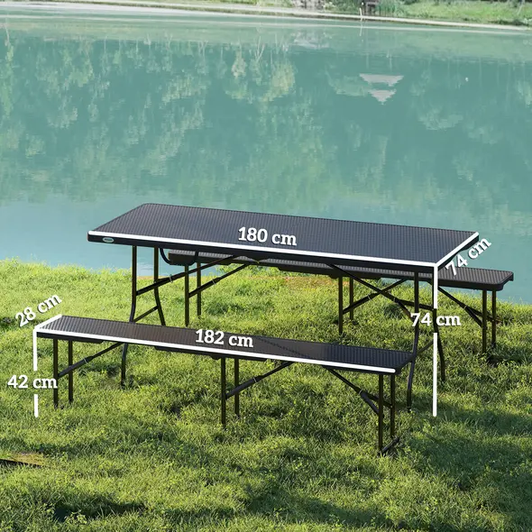 Outsunny Folding Picnic Table and Bench Set, Rattan Effect Portable Camping Table and Chairs with Carrying Handles for Indoor Outdoor, Dining, Camping, Picnic, BBQ, Party, Black - 3