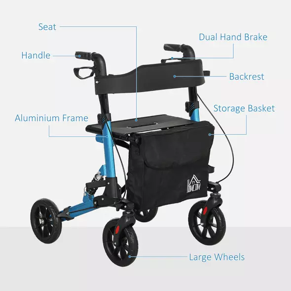 HOMCOM Folding Rollator Walker with Seat, Backrest, Lightweight Walking Frame with Storage Bag, Dual Brakes, Adjustable Handle Height, Suspension System, 4 Wheeled Walker for Seniors, Blue - 8