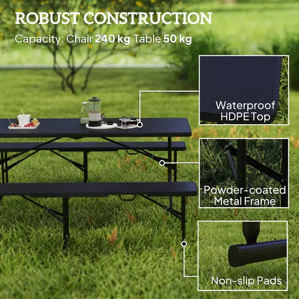 Outsunny Folding Picnic Table and Bench Set, Rattan Effect Portable Camping Table and Chairs with Carrying Handles for Indoor Outdoor, Dining, Camping, Picnic, BBQ, Party, Black - 5