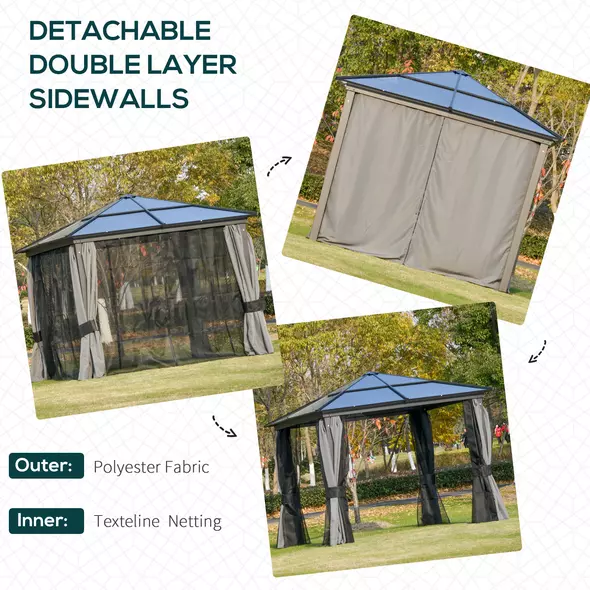 Outsunny 3 x 3(m) Hardtop Gazebo Canopy with Polycarbonate Roof, Aluminium Frame, Permanent Pavilion Garden Gazebo with Netting and Curtains for Patio, Deck, Dark Grey - 5
