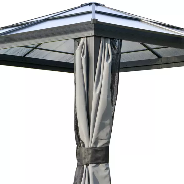 Outsunny 3 x 3(m) Hardtop Gazebo Canopy with Polycarbonate Roof, Aluminium Frame, Permanent Pavilion Garden Gazebo with Netting and Curtains for Patio, Deck, Dark Grey - 9