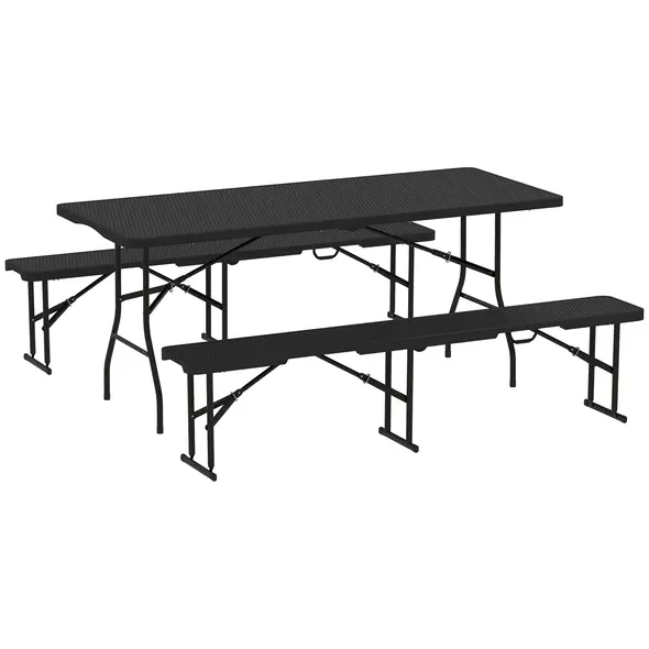 Outsunny Folding Picnic Table and Bench Set, Rattan Effect Portable Camping Table and Chairs with Carrying Handles for Indoor Outdoor, Dining, Camping, Picnic, BBQ, Party, Black - 1