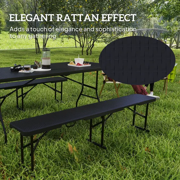 Outsunny Folding Picnic Table and Bench Set, Rattan Effect Portable Camping Table and Chairs with Carrying Handles for Indoor Outdoor, Dining, Camping, Picnic, BBQ, Party, Black - 4